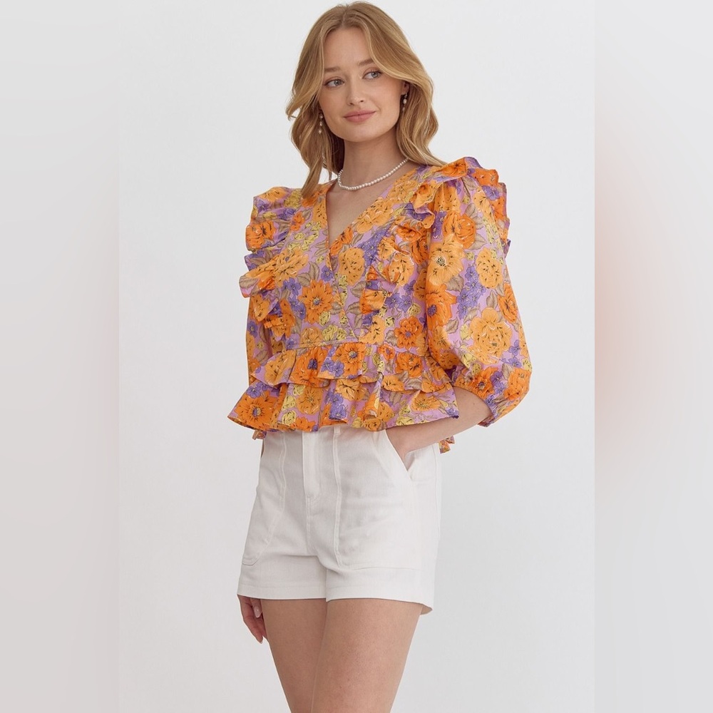 Entro Clementine Ruffled Peplum Blouse Maximalist Purple Orange Floral New Small - Picture 3 of 12
